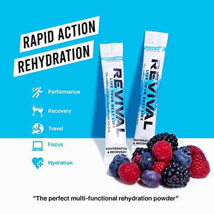 Revival Rapid Rehydration Electrolytes Powder - High Strength Vitamin C, B1, B3, B5, B12 Supplement Sachet Drink, Effervescent Electrolyte Hydration Tablets - 12 Pack Assorted Flavours