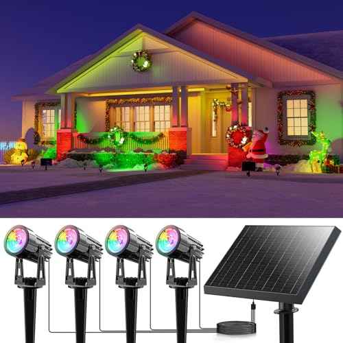 Multi Color Solar Powered Outdoor Spotlights for Christmas Decorations, Reindeer, Santa, Waterproof Landscape Spot Lights for Christmas Tree, Statues, with 15.7ft Cable Separate Panel (4-in-1)