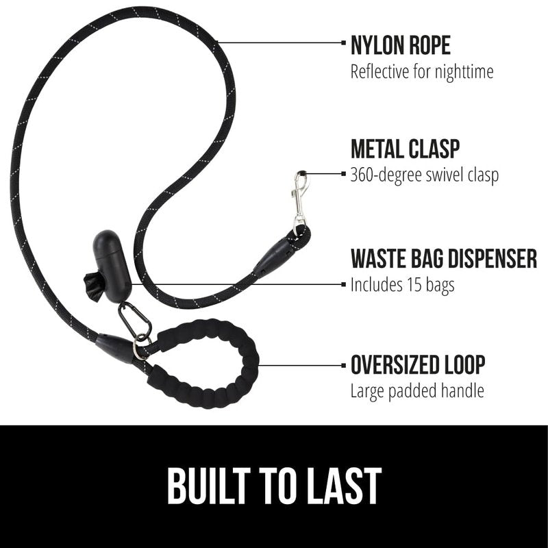GORILLA GRIP Dog Leash, Heavy Duty Reflective Rope Leashes for 33lb Dogs, Cats, Small Animals, Puppy Training Essential for Walks, Hikes, Soft Handle, Rotating Metal Clip, Waste Bag Dispenser, Black