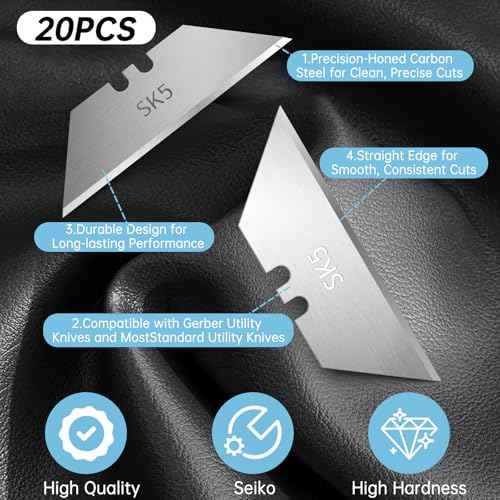 Utility Knife Blades for Gerber Utility Knife, 20 Pack Replacement Blades, Durable SK5 Steel Heavy Duty Box Cutter, Non-Rusting with Plastic Case, for Most Standard Utility Knives