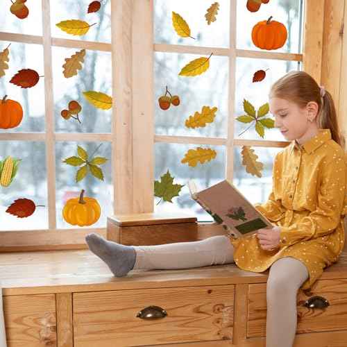Autumnal leaves Window Decal,Autumn Theme Vinyl Window Sticker,Removable Autumn decor For Children'S Room, Classroom, And Daycare Centers Fall Thanksgiving Party Supplies (Pumpkin-Themed Window Decal)