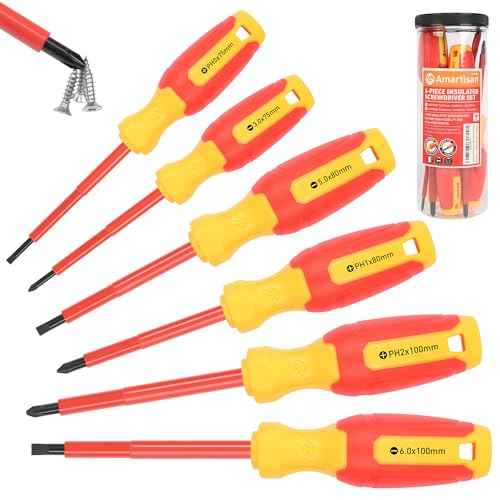 Amartisan 1000V Insulated Electrician Screwdriver Set 6-Piece, 3 Phillips and 3 Slotted Tips Professional Cushion Grip Screwdriver Set