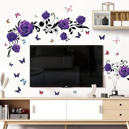 PLIGREAT Purple Rose Black Vine Wall Art Decals Watercolor Floral Butterflies Wall Stickers for Living Room Bedroom Cabinet Door TV Background Wall Decor DIY Large Size Wall Corner Art Murals