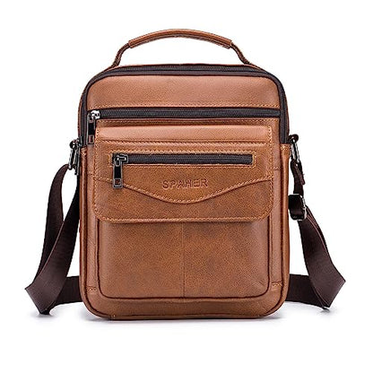 SPAHER Men Leather Handbags Shoulder Bags Messenger Business Bag Crossbody Satchel Sling Waterproof Travel Bag Daily Man Bag with Adjustable Shoulder Strap for Ipad 11 Inch Brown
