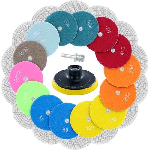 XKDOUS 16pcs 4" Diamond Wet Polishing Pads with Backer Pad,50-6000 Grit Pads,Wet/Dry Granite Polish Kit for Drill Grinder Rock Polisher Granite Marble Stone Concrete Tile Tools