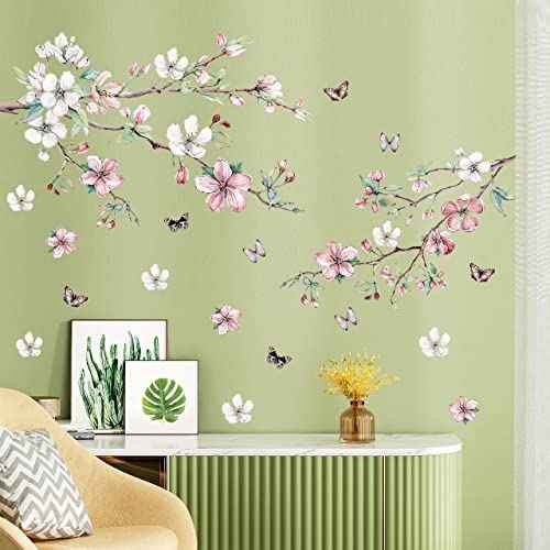 AM AMAONM Removable 3D Ink Style Brown Tree Branches and Pink WhiteFlower Wall Decals Plum Blossom Flowers and Butterfly Wall Sticker Peel and Stick Wall Decor for Home Walls Living Room Kids Baby