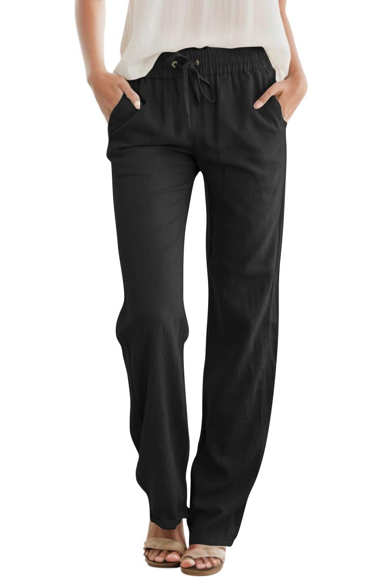 JEKAOYI Womens High Waist Casual Pants Drawstring Straight Leg Vacation Comfy Lounge Pocket Linen Trousers Black