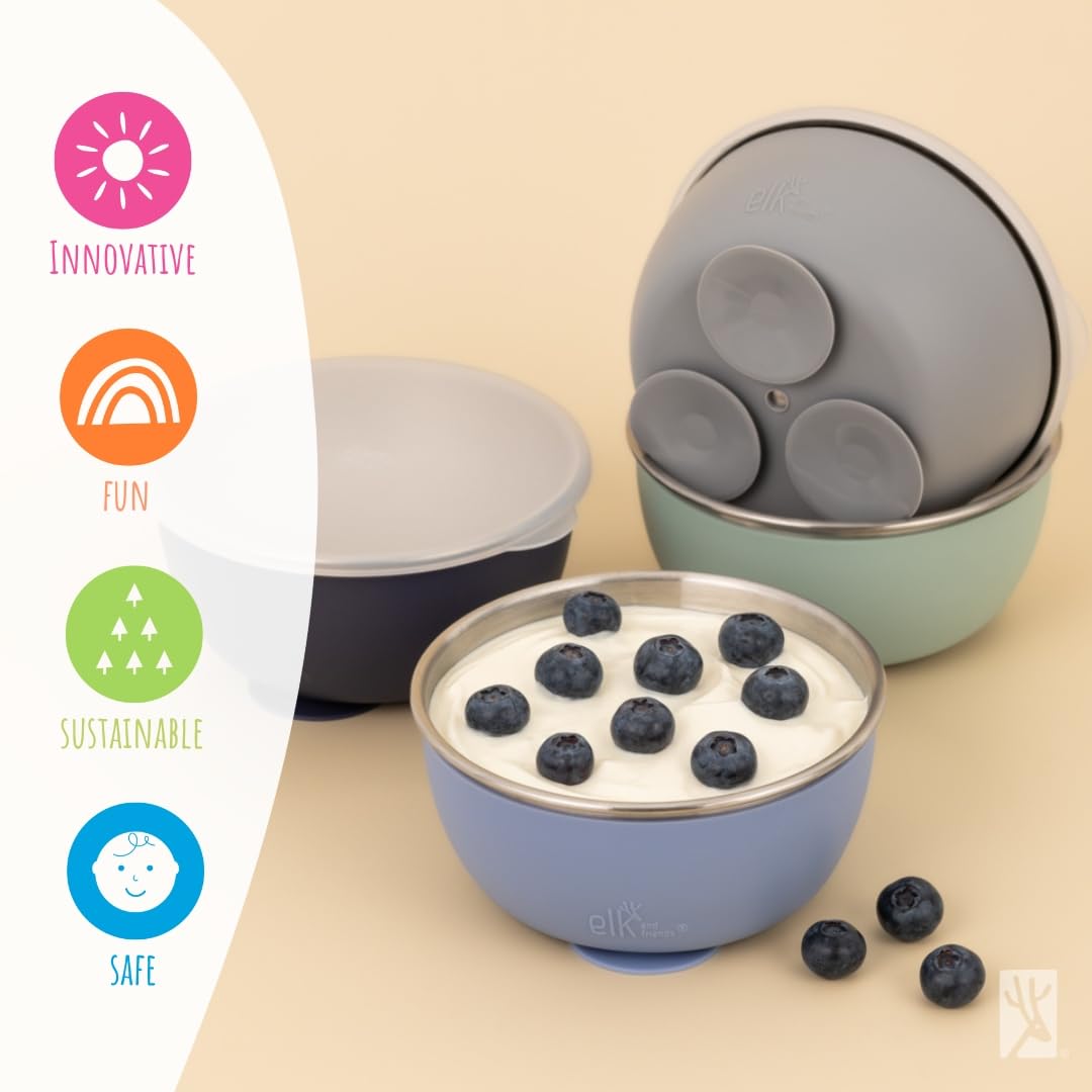 Elk and Friends Stainless Steel Bowls with Silicone Sleeve for Babies & Toddlers | Lids Included | Stay Put Suction | Cereal & Snack Bowls | 4 Pack
