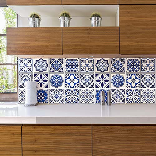 WALPLUS 24pcs 6" Peel and Stick Vinyl Backsplash Tiles Stickers Tile Paint Removable Waterproof Self-Adhesive Decals Vinyl Home Kitchen Bathroom Spring Easter Decoration (Spanish & Moroccan Blue)