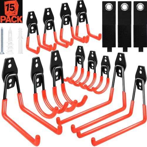 15 Pack Garage Hooks Heavy Duty,Garage Hangers Storage System Hooks for Shed Yard Tools Ladders Bikes Hose Hanging Wall Mount with Anti-Slip Coating