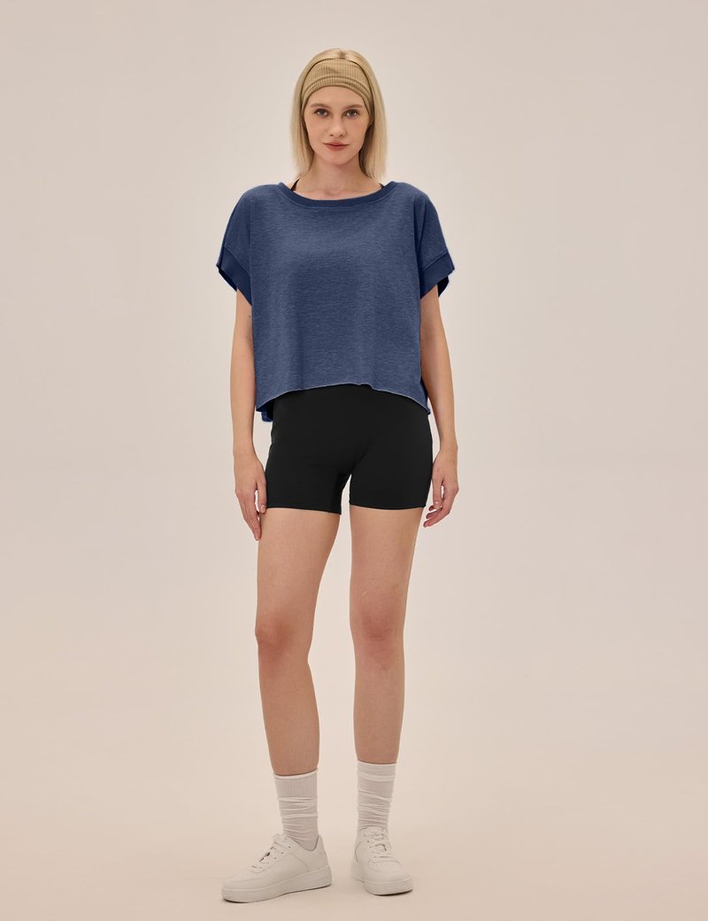 UNIANKIYA Open Back Workout Tops for Women Loose Fit Athletic Crop Tee Short Sleeve Gym Running Yoga Shirt Dark Blue