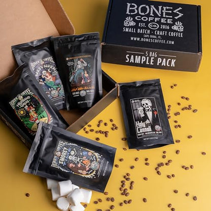 Bones Coffee Company NEW Favorite Flavors Sample Pack, Assorted Flavored Coffee Low Acid Medium Roast Arabica Beans Specialty Coffee Gifts, Auto Drip and French Press Compatible, 4 oz Pack of 5 Ground