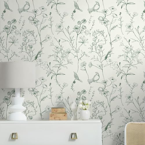 Peel and Stick Wallpaper Floral Removable Wall Paper Beige and Green Wallpaper Vintage Self Adhesive Decorative Contact Paper Bird Boho Leaf Covering Vinyl Roll 17.3" x78.7"