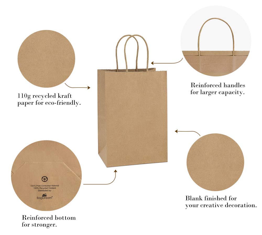 BagDream Gift Bags 100Pcs 5.25x3x8 Small Kraft Paper Gift Bags with Handles Bulk, Brown Paper Sacks for Small Business, Retail, Merchandise, Wedding Birthday Party Favor