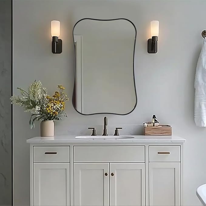 ANDY STAR 24x36 Inch Black Bathroom Mirror, Modern Scalloped Black Mirror with Unique Notched Edges Design in1 Inch Stainless Steel Frame Wall Mounted Horizontal/Vertical for Home Decor