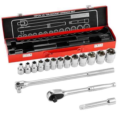MAXPOWER 1/2" Drive Socket Wrench Set, 16-Piece, Including 13-Piece SAE Sockets, 1/2" Drive Breaker Bar, 1/2" Ratchet Wrench and Extension Bar