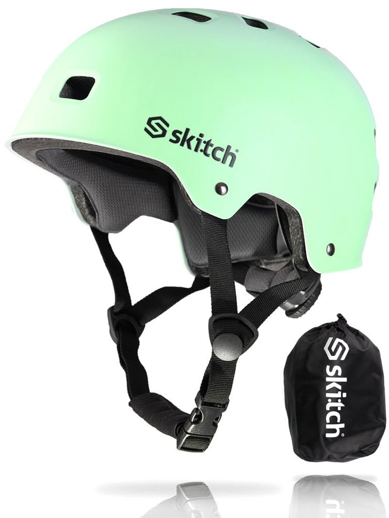 SKITCH Skateboard Helmet for Kids Teens with Premium Memory Foam Padding | Triple Certified Adjustable Protective Sport Head Gear Scooter Roller Skate Inline Skating Rollerblading | Mint Green (S)