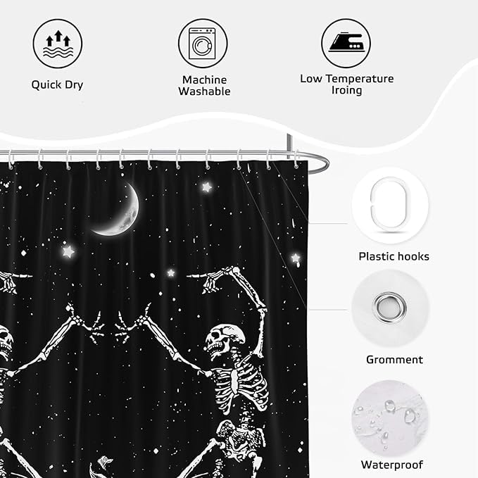EOVDSFW Funny Halloween Shower Curtain for Bathroom Set Black Gothic Spooky Goth Skull Dark Moon Cool Fun Bath 60 x 72 Inch Decorative Polyester Fabric Cloth Home Decor with 12 Pack Hooks