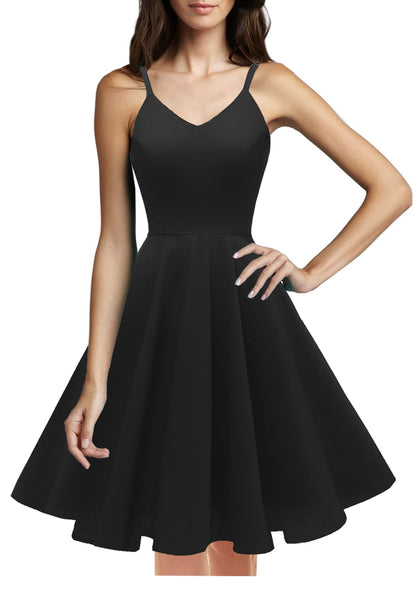 GOOBGS Women's 1950s Retro Vintage Spaghetti Strap Cocktail Swing Dresses with Pockets Black M