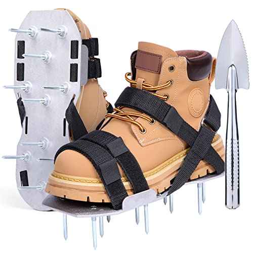 Ohuhu Metal Lawn Aerator Shoes, Upgraded Aluminum Aerating Shoe with 2.2" Durable Spikes, Free-Installation Spiked Sandals with Stainless Steel Shovel for Yard Patio Garden Grass