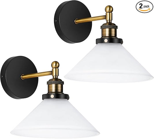 Vintage Wall Sconces Set of 2 Indoor 110V Hardwired Frosted Glass Wall Mounted Lamp Light Fixtures for Bathroom Vanity Kitchen Hallway Stairway, Anti-Rust Brushed Bronze Finish, E26 Base, WS-23061-C2