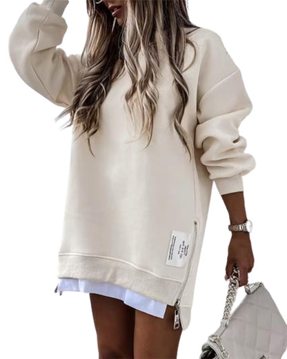 CHICME BEST SHOPPING DEALS Women Oversized Sweatshirt Zipper Slit Long Sleeve Pullover Top Fall Outfits Apricot-M