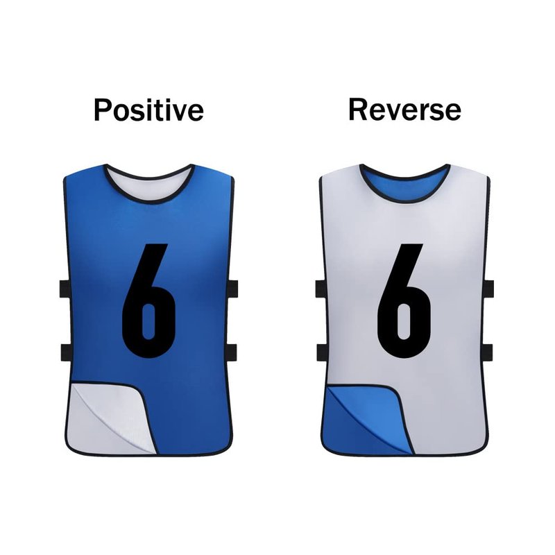 Saaifuu 12 Pack Reversible Numbered Pinnies, Double Sided Scrimmage Vest,Team Practice Jerseys for Kids and Adult(White/Dark Blue, L)