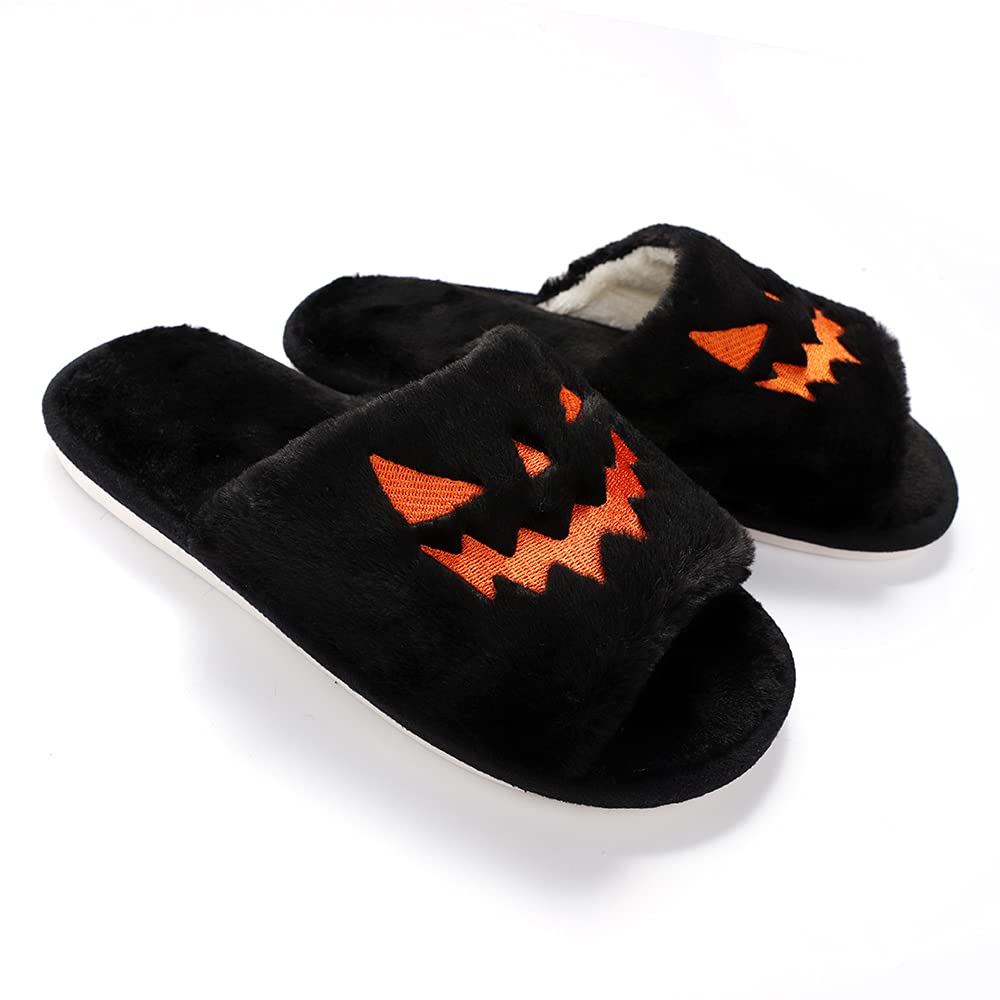 TITTOK Spooky Slides Halloween Slippers Jack O Lantern Pumpkin Soft Plush Cozy Open Toe Indoor Outdoor Fuzzy Slippers Gifts For Girls Women Girlfriend Men