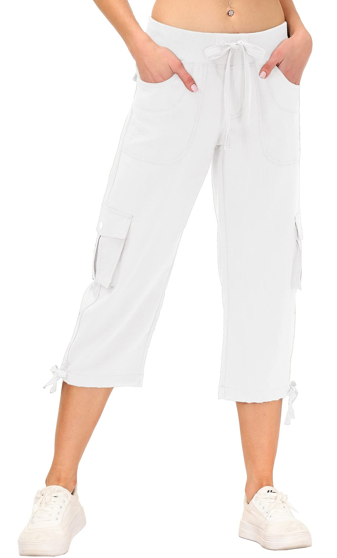 MoFiz Womes Cargo Hiking Capri Pants Lightweight Quick Dry Running Athletic Casual Outdoor Button Pockets Rice White 4XL