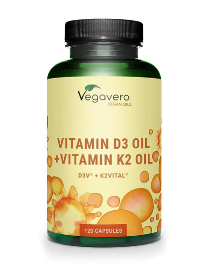 Vegavero Vitamins D3 K2 Oil | Vegan & NO Additives | Cholecalciferol & All-Trans MK-7 | 1000 IU Vitamin D + 100 µg VIT K2 | 120 Vegan Capsules