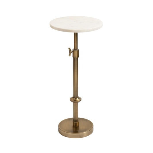 Kate and Laurel Engles Traditional Adjustable-Height Pedestal Drink Table; 10 x 10 x 30; White Marble and Antique Brass; Vintage Round Indoor Metal Plant Stand with Authentic Marble Tabletop