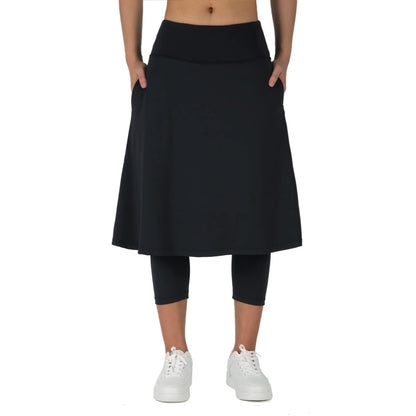 ANIVIVO Women Long Knee Length Skirt with Capris Leggings,Skirted Leggings with High Waisted Zipper Pockets(Black,L)