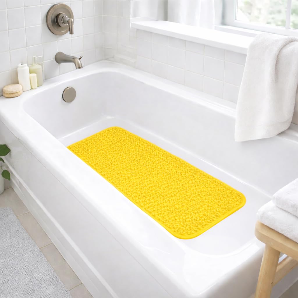Grass Textured Spa Quality Foot Scrubber Bathmat Bathroom Tub & Bath Mat Anti-Slip 24.5" x 13.5" (Yellow)