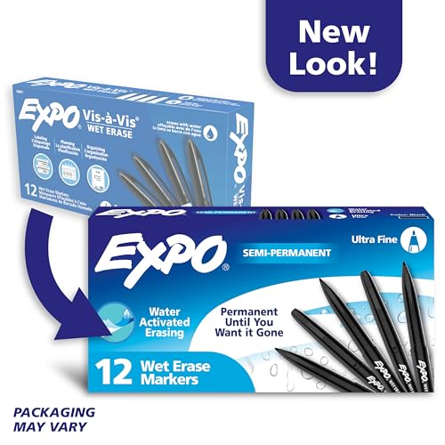 EXPO Visa Vis Wet Erase Markers Fine Point Black 12-Pack Ideal for Classroom and Homeschool Use