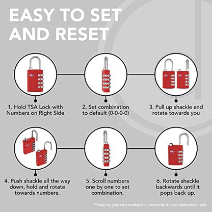 Desired Tools TSA Locks for Luggage, 2-Pc Durable Steel Padlock, Keyless Easy to Read 4-Digit Combination Lock for Backpacks, Travel Suitcases, Toolbox, Filing Cabinets, Baggage & Gym Locker, Red