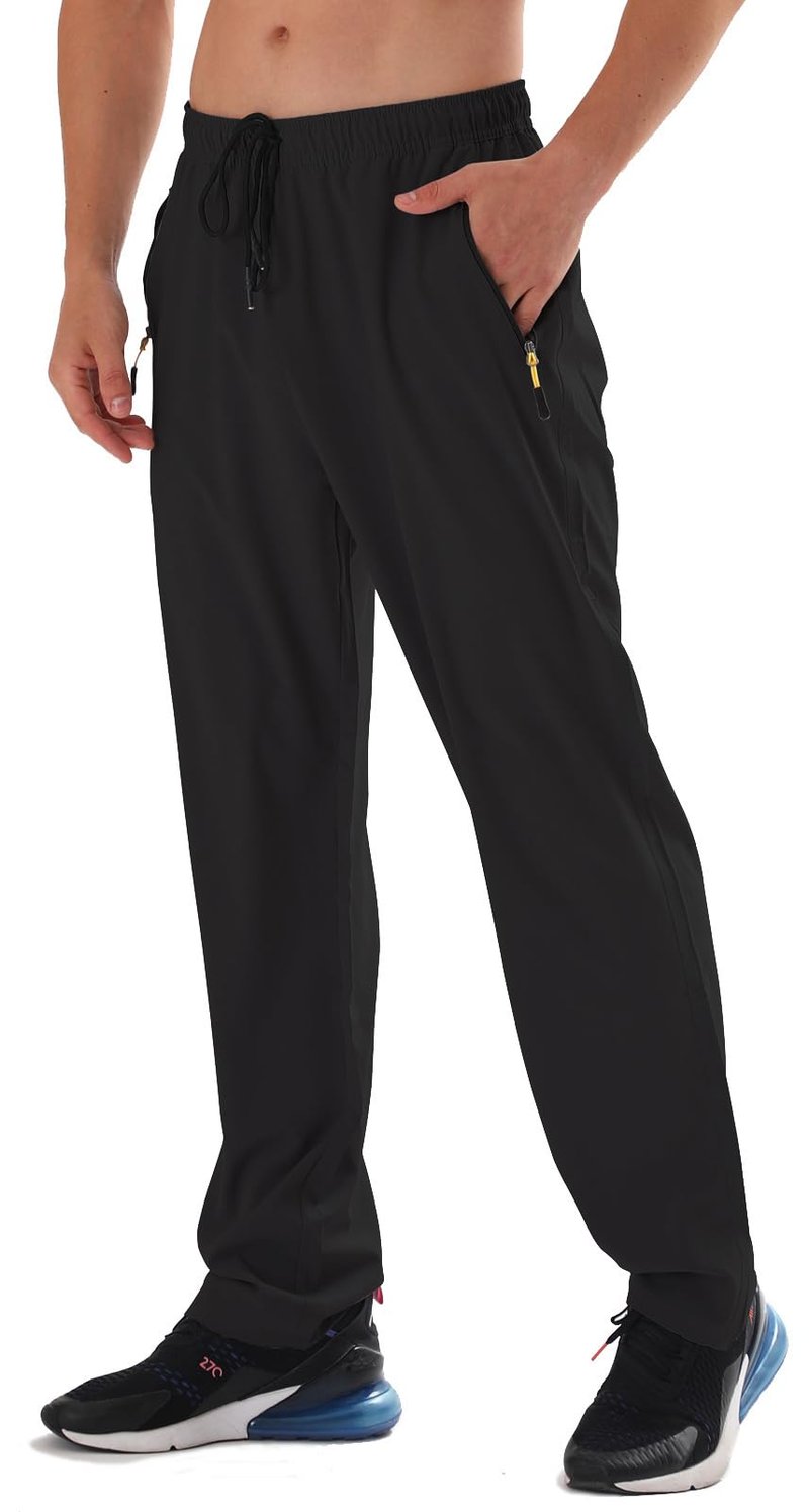 Athletic Pants for Men Water Resistant Quick Dry Lightweight Polyester Workout Warm Up Hiking Sweatpants with Pockets Black