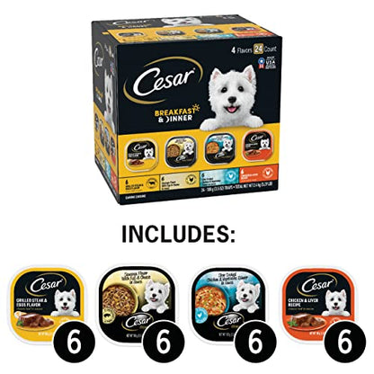 Cesar Wet Dog Food Home Delights & Classic Loaf in Sauce, Breakfast & Dinner Variety Pack, 3.5 oz. Easy Peel Trays (24 Count, Pack of 1)