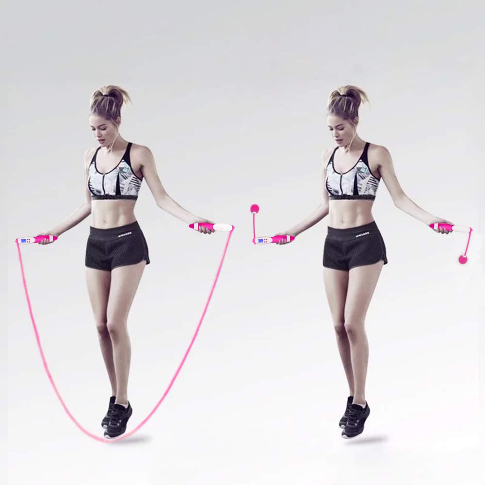 Jump Rope,Digital Counting Speed Jumping Rope Counter for Indoor and Outdoor Fitness Boxing Training Adjustable Weighted Jump Rope Workout for Men,Women,Children Cordless Skipping Rope-Pink