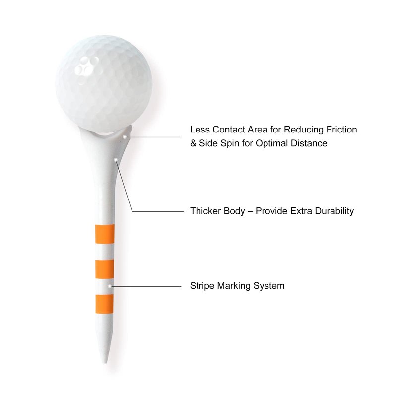 Full Choice 100 Pack Plastic Golf Tees 2-3/4" - Low Resistance Design to Reduce Friction & Boost Distance, White with Orange Stripes