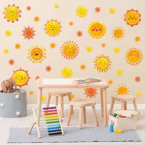 9 Sheets Sun Wall Stickers Watercolor Sunshine PVC Decorative Wall Decals Removable Cartoon Sun Self-Adhesive Wall Decor for Summer Home Classroom Party Supplies, 7.9 x 11.8 Inch
