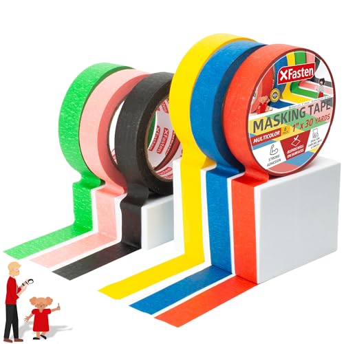 XFasten Multi Colored Painters Masking Tape Kids Craft Set, 1-Inch x 30 Yards, 6 Pack, Multicolor Masking Labelling Moving Tape Bulk for Boxes, Artists, Watercolor and Paint
