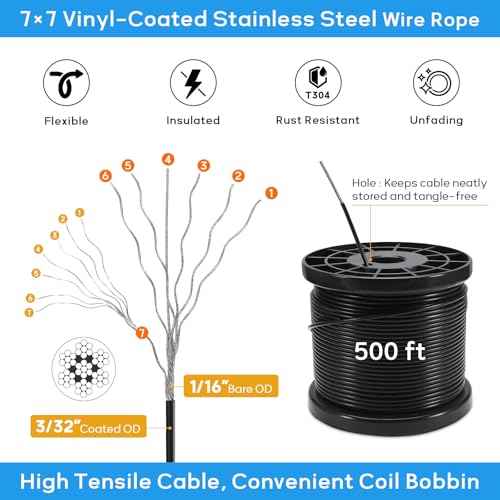 String Light Hanging Kit with 500FT Vinyl Coated Stainless Steel 304 Wire Rope Suspension Kit Included Enough Accessories with Turnbuckles and Hooks for Patio, Garden and Wedding Lighting