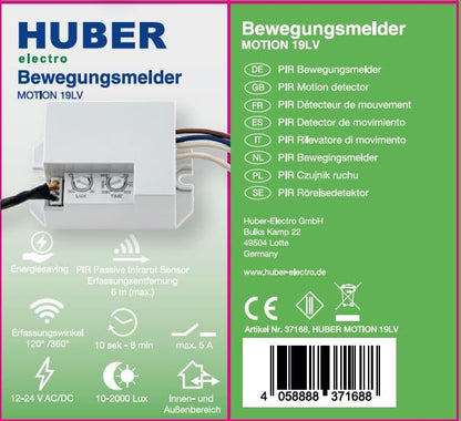 HUBER Motion 19LV Mini PIR Motion Sensor 120° / 360° for Indoor/Outdoor Mounting I Sensor IP65 I 12-24V Built-in Motion Sensor Small with Potentiometer
