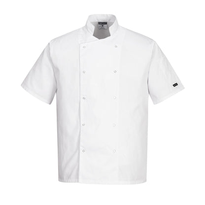 Portwest C733 Men's Cumbria Chef Jacket Lightweight Short Sleeve Durable Workwear Multi Functional Apron with Sleeve Pocket Machine Washable, White, L