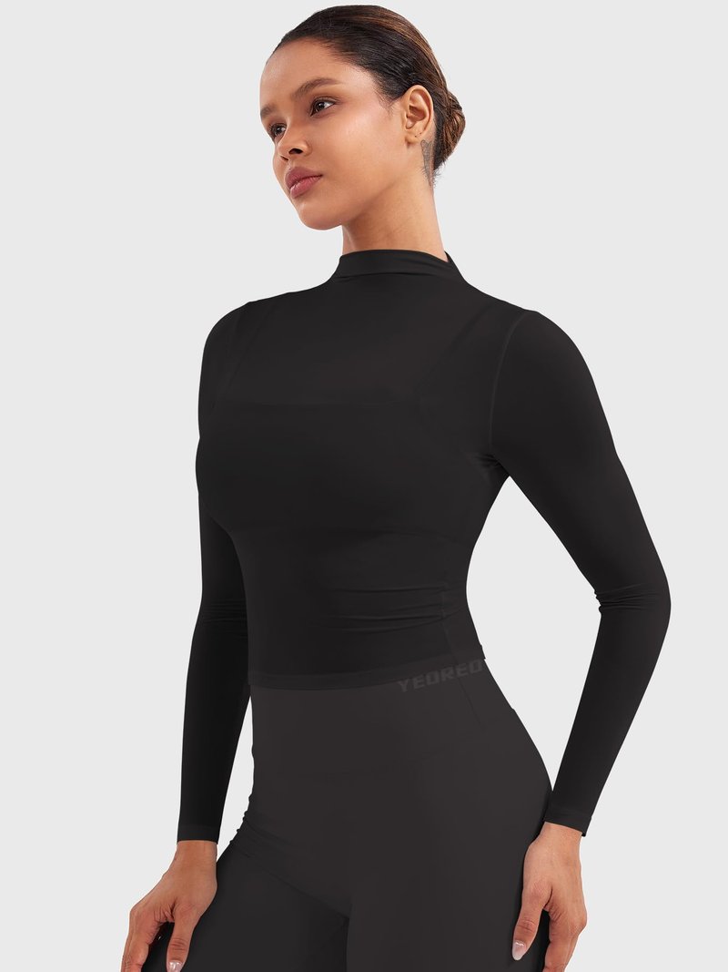 YEOREO Womens Sheer Tops Long Sleeve See Through Tops Mock Neck Slim Fit Workout Shirt Jamy Going Out Sexy Shirts Black M