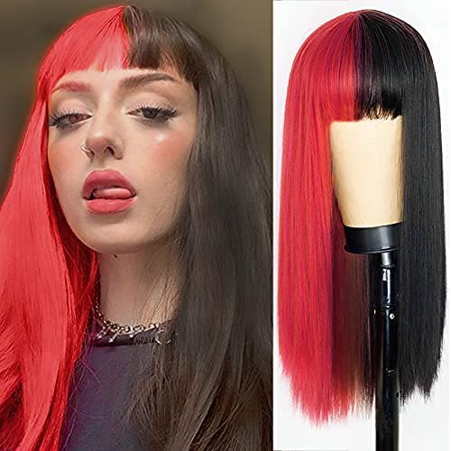 Kaneles Long Half Red Half Black Wigs with Bangs Straight Halloween Cosplay Women Wigs Synthetic Hair Wigs