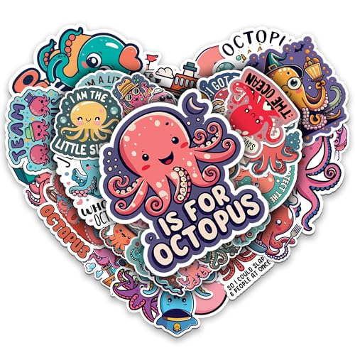 Octopus Stickers 50 Pieces Vinyl Waterproof Decal for Laptop Water Bottle Phone Car Window Bike Motorcycle Stakeboard Scrapbook Octopuses Sticker Gifts for Kid Teen Adult