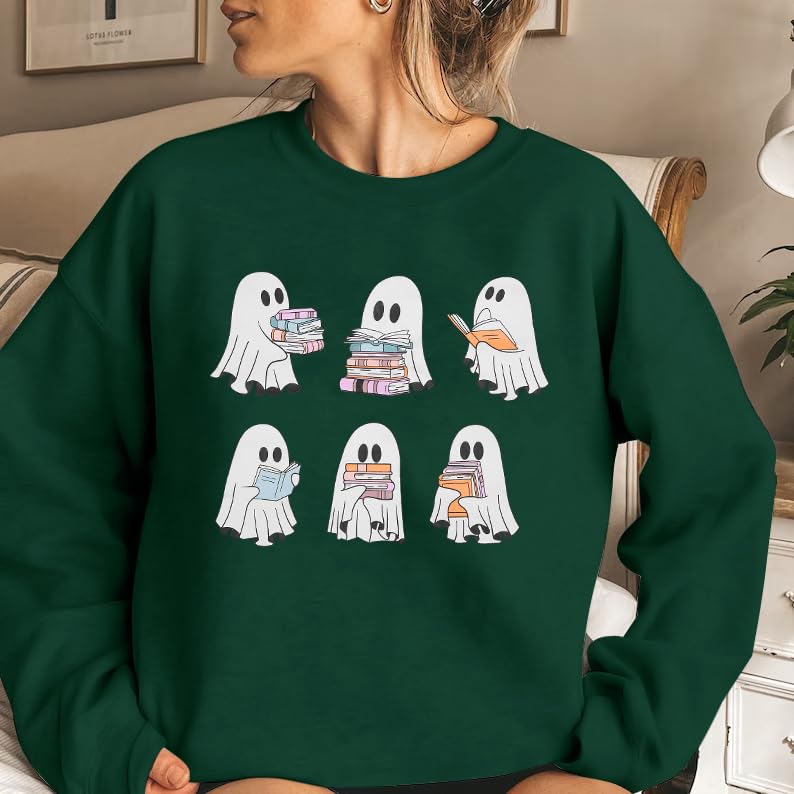 UNIQUEONE Halloween Sweatshirts for Women Ghost Reading Books Sweater Cute Spooky Bookish Shirt Fall Pullover Long Sleeve Tops Green