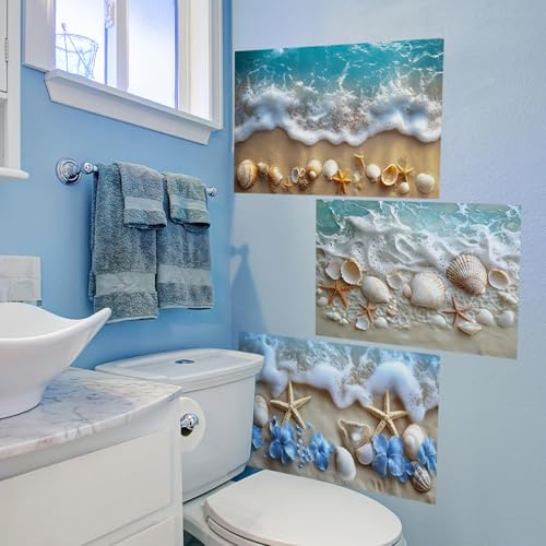 3 Sheets Vinyl Blue Ocean Wall Sticker Beach Shell Wall Decal Blue Sea Floral Peel and Stick Clings for Bathroom Room Bedroom Decorations