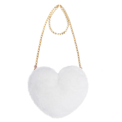 Miayon Heart Shaped Faux Fur Purse Fluffy Crossbody Shoulder Bag Cute Clutch Purses for Women Girls Halloween Christmas Valentine (White)